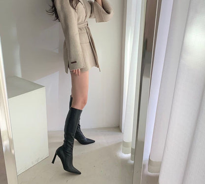 Retro Chic Autumn Winter Woolen Coat One Button Long Sve Suit Collar Waist Cinched Side Slit Warm Knitwear for Women