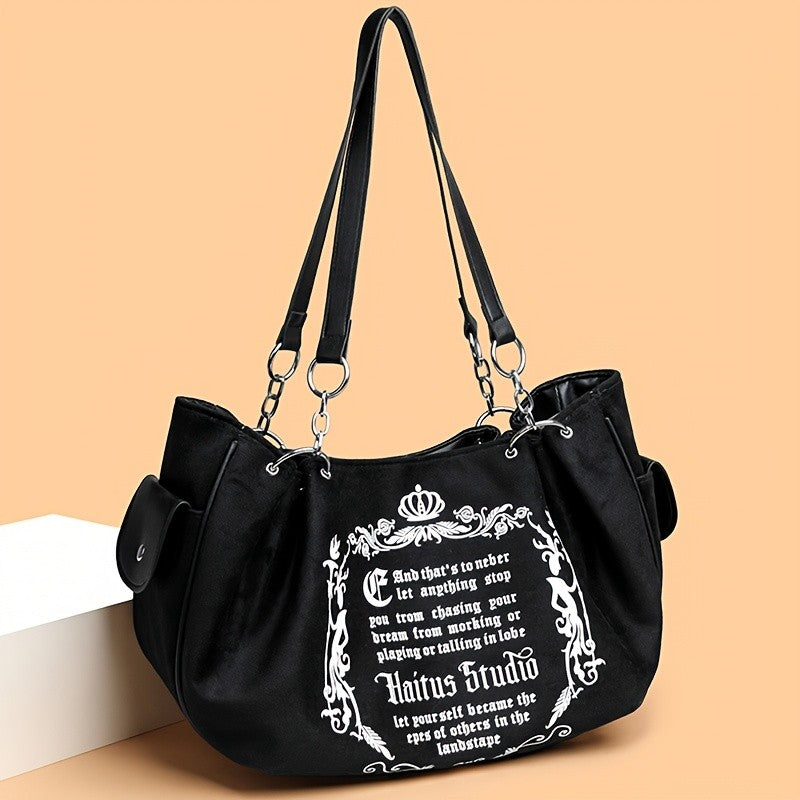 Letter Print Faux Suede Women Handbag Shoulder Bag, Retro Large Capacity Tote Bag for Daily Commuting and Hand-Carry.Pumpkin Bag
