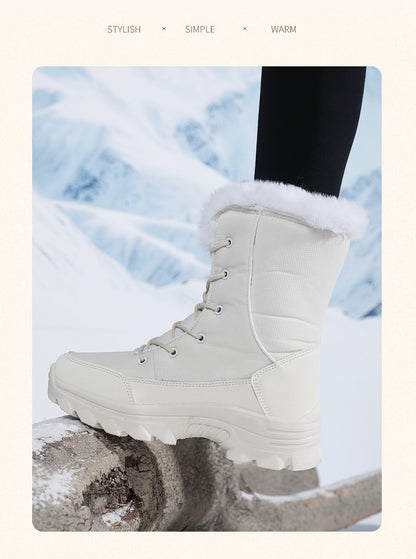 2025 Women's Snow Boots Beige Lace-up Waterproof Antiskid Female New Ankle Boots Walking Shoes plush Winter Warm Mid-Calf Boots