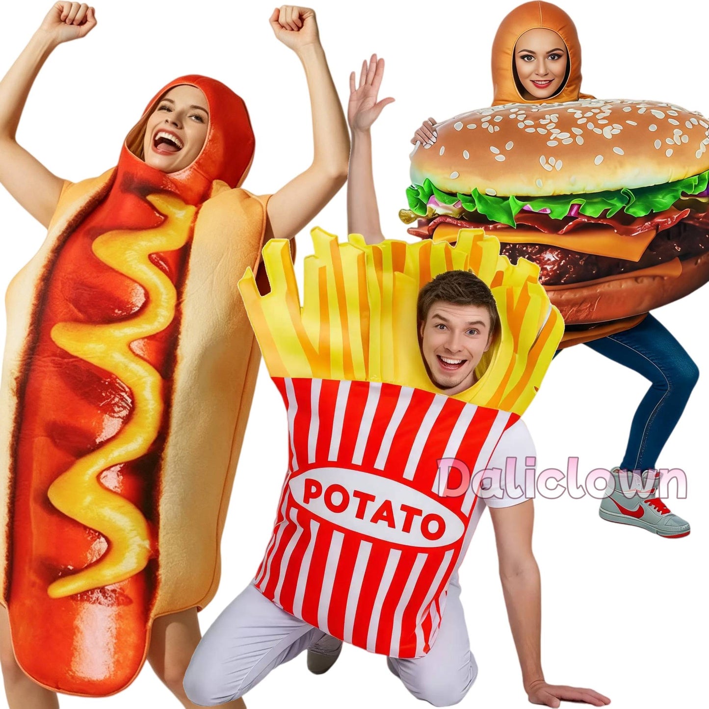 Adult Funny 3D Print Hot Dog Costume Halloween Food Sausage Pizza Burger French Fries Cosplay One-Piece Costume Party Jumpsuit