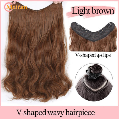 ?Extensões com Presilha em V Cabelo Sintético Ondulado com 4 Presilhas Castanho Preto Extensões de Uma Peça para Mulheres Uso Diário
