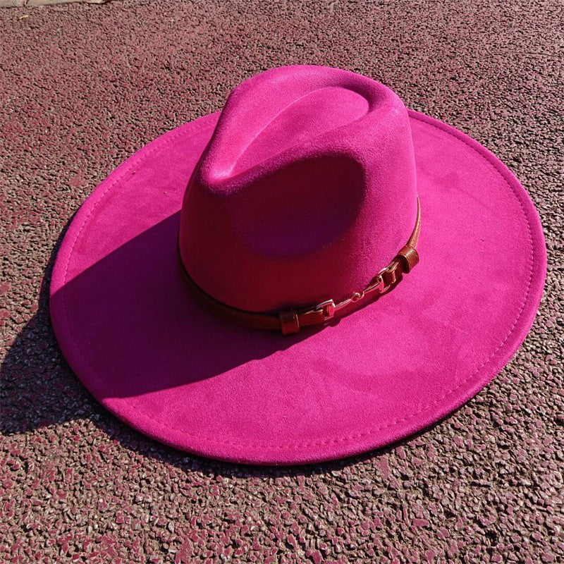 Suede fedora hat with same color accessories teardrop top wide brim hat for men and women Panama hat chapeau homme   sombrero