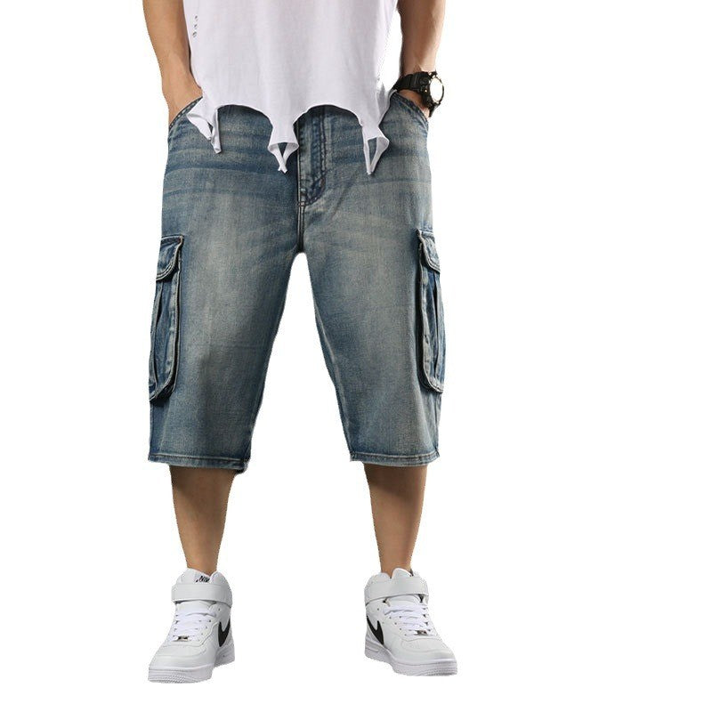 2025 new European and American multi pocket work pants, seven quarter denim shorts, men's wide leg loose oversized trendy brand