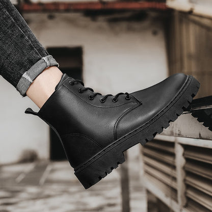Men Black Leather Boots New British Style High Top Fashion Work Boots Outdoor Street Fashion Chelsea Men Shoes Comfortable Short