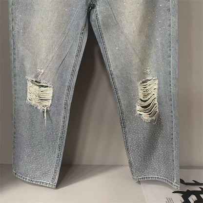 Calça Jeans Masculina Blue Washed MIXED EMOTION Hot Drill Letter Retrô Americana Calça Jeans Feminina Mixed Emotion