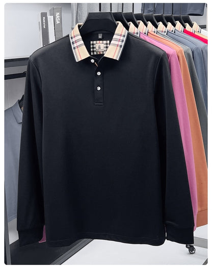 Luxury brand long sleeve polo shirt men comfortable casual autumn item silk cotton high-end Korean fashion plaid lapel T-shirt