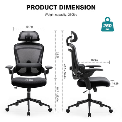 Cadeira de Escritório Ergonômica JHK com Apoio Lombar Ajustável em Mesh, Inclinação de 120°, Encosto Alto Confortável e Braços Macios Retráteis
