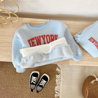 2 Peças Conjunto Roupa Bebê Meninos Meninas Estampa NewYork Top Esportivo Calça Terno Moletom Inverno Roupa Criança Recém-nascido Grosso