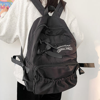 Mochila com Laço Fofo Bordado com Letras de Nylon para Escola Grande Capacidade Zíperes Duplos Alças Ajustáveis Volta às Aulas