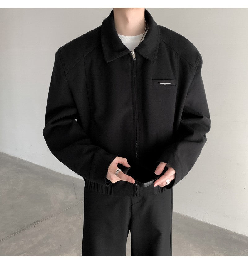 Short Jacket Men's Autumn Winter Handsome American Shoulder Pad Coat High-end Lapel Baseball Uniform