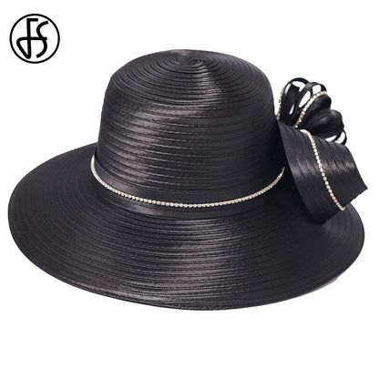 Chapéu Fedora Feminino Elegante Preto Vestido Formal Senhora Igreja Coquetel Chá Festa Chapéus Derby para Mulheres Laço Flor Aba Larga Chapéus Cloche