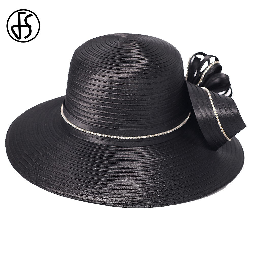 Chapéu Fedora Feminino Elegante Preto Vestido Formal Senhora Igreja Coquetel Chá Festa Chapéus Derby para Mulheres Laço Flor Aba Larga Chapéus Cloche