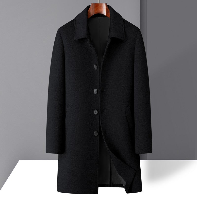 High-quality men's fashionable, stylish and versatile solid-color casual long woolen overcoat, wool woolen overcoat