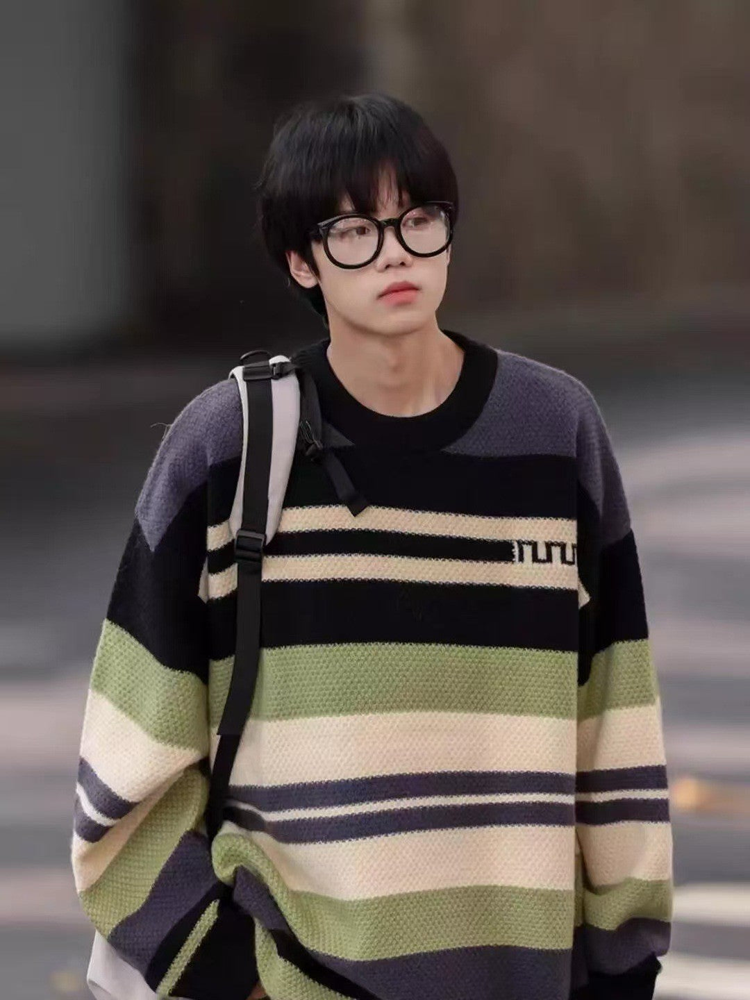 Simple Versatile Trendy Men's Crew Neck Sweater Contrasting Stripes Casual Loose Neutral Style Pullover