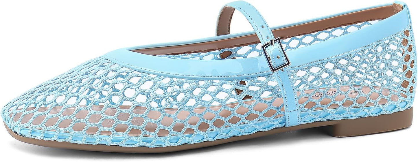 Women‘s Mesh Ballet Flats Comfortable Square Toe Ballerina Flats Buckle Strap Casual Fishnet Flat Shoes
