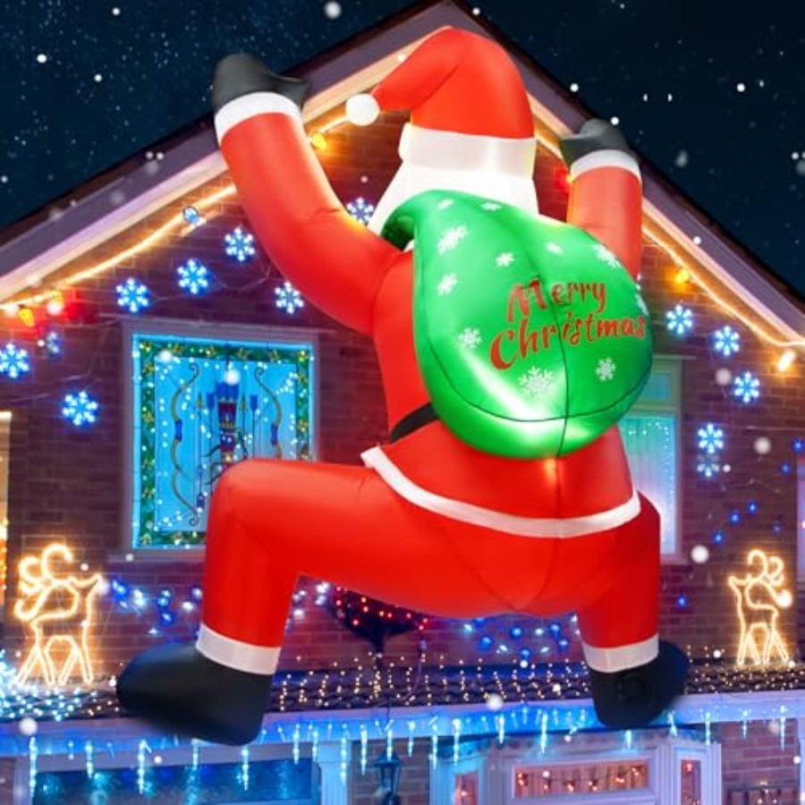6FT Christmas Inflatable Decorations Hanging Santa Built-in Bright LEDs, Climbing Santa Claus with Gift Bag Christmas Roof Blow