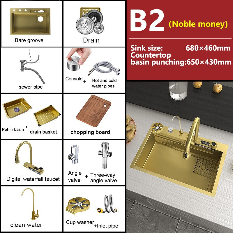 Stainless Steel Golden Kitchen Sink Multifunctional Waterfall Outlet Single Slot Piano Button Digital Display