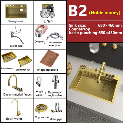 Stainless Steel Golden Kitchen Sink Multifunctional Waterfall Outlet Single Slot Piano Button Digital Display