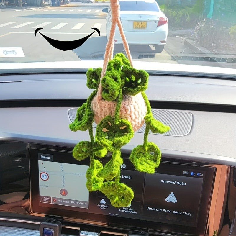 Acessório para Pendurar no Retrovisor do Carro Artesanal de Crochê Plantinha de Vasinho Decoração de Carro Acessórios para Interior de Carro