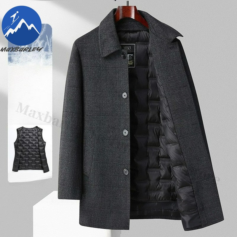 Maxbarley Winter Down Coat Lightw Luxurious Detachable Lining Working Cold Proof Overcoat Mens Mid Length Warm Woolen Trench