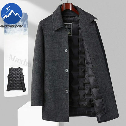 Maxbarley Winter Down Coat Lightw Luxurious Detachable Lining Working Cold Proof Overcoat Mens Mid Length Warm Woolen Trench
