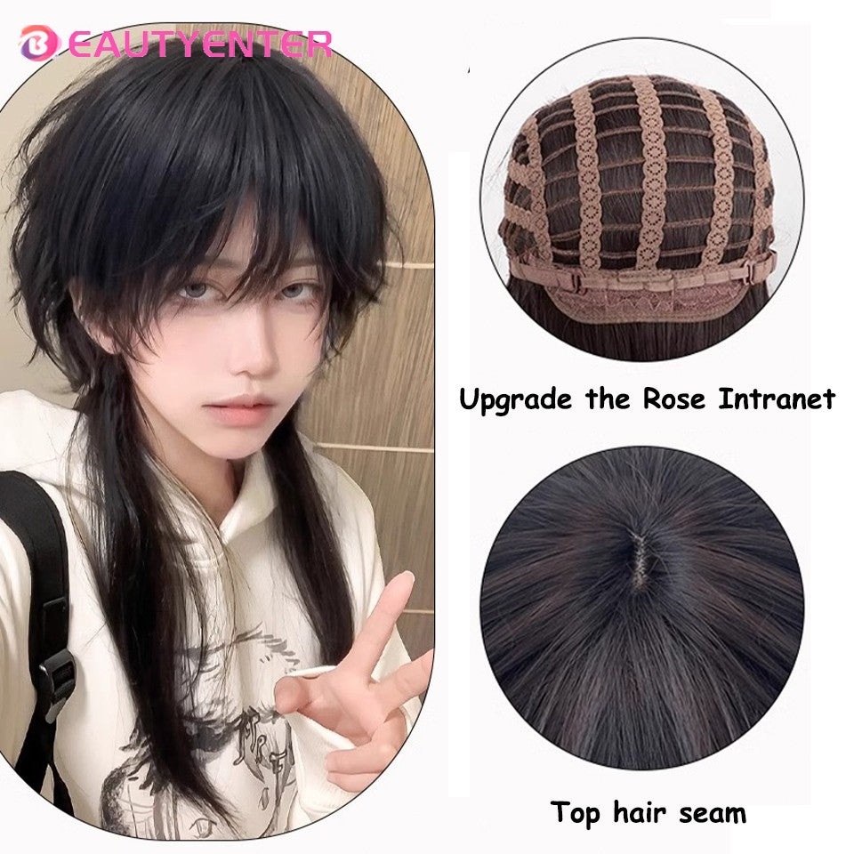 Peruca Curta Mullet Cabeça Sintética Lisa Dourado Preto Fofo Natural Rabo de Lobo Cabelo Masculino e Feminino Peruca para Festa Diária Cosplay