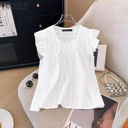 2025 ZANZEA Summer Elegant Shirt Women Sleeveless Holiday Blouse Stylish Tanks Tops Casual Solid Cotton Camis Mujer Blusas Femme