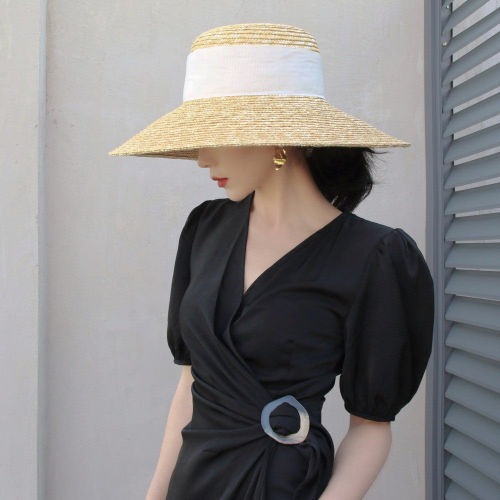 2024 Summer Straw Hat Beach Hat Women's Seaside Sun Hat Vacation Bow Ribbon Flat Top Big Brim Straw Hat praia ??