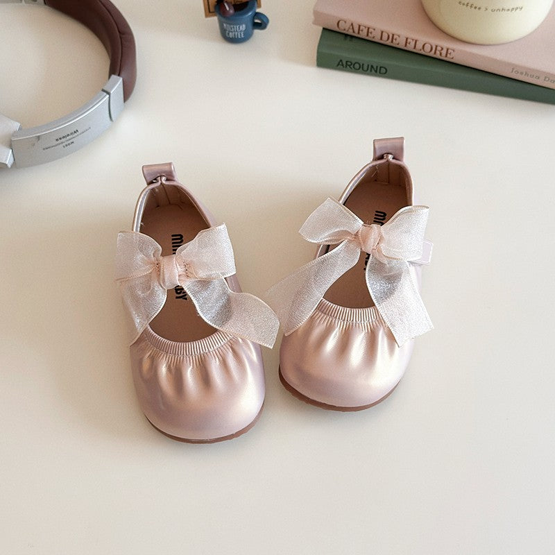 Baby Girl Princess Shoes Shine Surface Korean Style Lace Bow Casual Flats Non-Slip Toddler Kid Wedding Party Adorable Baby Shoes