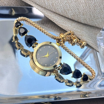 Ladies' quartz watch with three heart-shaped diamond-encrusted bracelet round alloy case and mixed scale simple light luxury