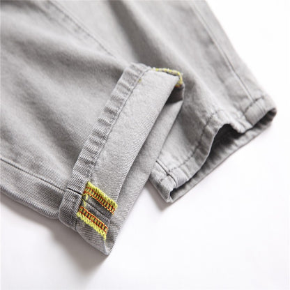 Mens Jeans Large-size Straight Light Gray Denim Trousers Spring and Autumn Full Length Male Pants Ripped Jeans