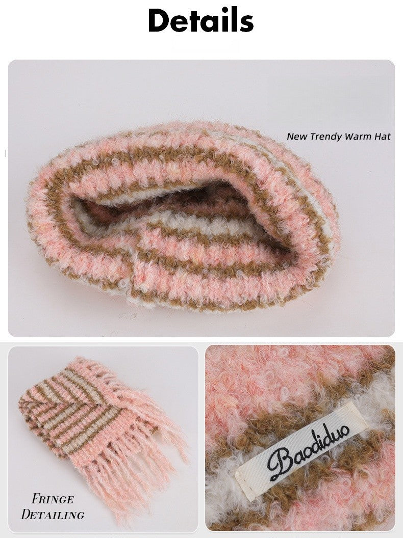 Rabbit Fur Hat  New Autumn Winter Style Warm Beanie  Large Head Circumference Jacquard Elegant Bucket Hat  Women 56-58CM