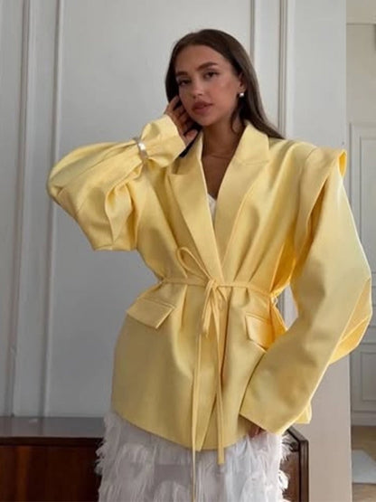 Lace Up Shoulder Pad Blazer Coat Women Elegant Turn-down Collar Long Sleeve Pockets Slim Fit Coats Chic Ladies Commute Outerwear