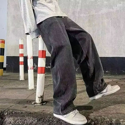2025 New Streetwear Loose Jeans Men Korean Style Fashion Loose Straight Wide Leg Pants Men's Brand Clothing Black Light Blue