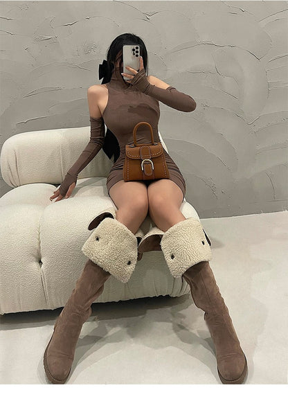 2025 New Women's Mini Dress Sleeveless Pleated Skinny Dress High Neck Lace Up Au