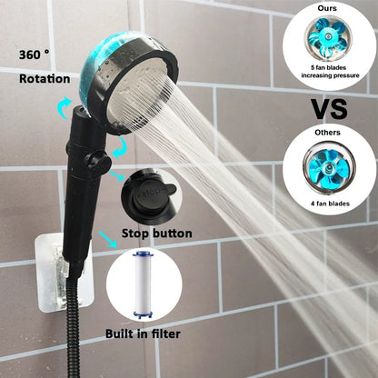Filtered Turbo Propeller Bathroom Shower Head High Pressure Water Saving Stop Button Showerhead Water Pressure Adjustable Shower