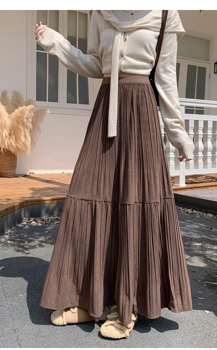 Pleated half skirt for women in autumn and winter 2025 new high waist slimming casual versatile A-line umbrella long skirt