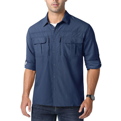 MAGCOMSEN UPF 50+ Mens Quick Dry Cargo Shirts Mesh Breathable Long Sleeve Work Shirts UV block Outdoor Hiking Fishing Shirts