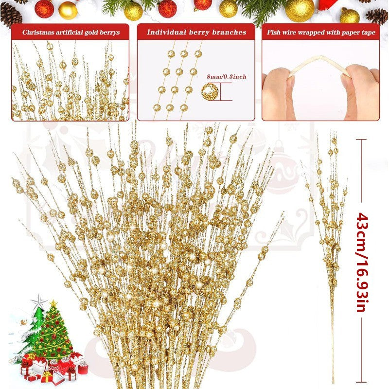 43cm Christmas Decor Foam Artificial Flowers Golden Glitter Berries Bouquet New Year Wreath Home Room Table Wedding Decoration