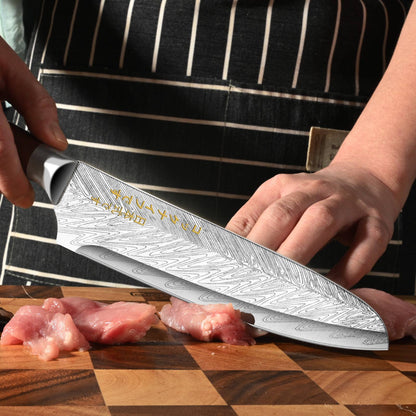 Conjunto de 3 Facas Profissionais de Cozinha Japonesa - Faca do Chef, Faca Multiuso, Cutelo de Carne, Faca para Desossar, Padrão de Aço Damasco
