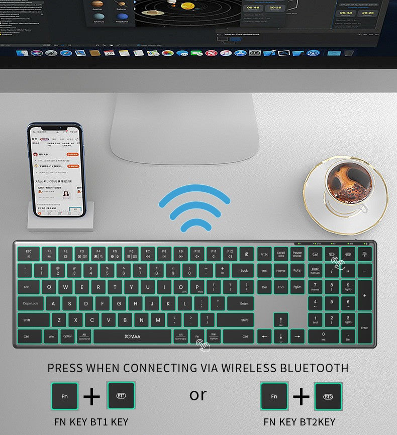 Teclado Bluetooth Retroiluminado Multidispositivo Tamanho Normal Teclado Sem Fio com Teclado Numérico, Teclado Multimídia Fino Recarregável