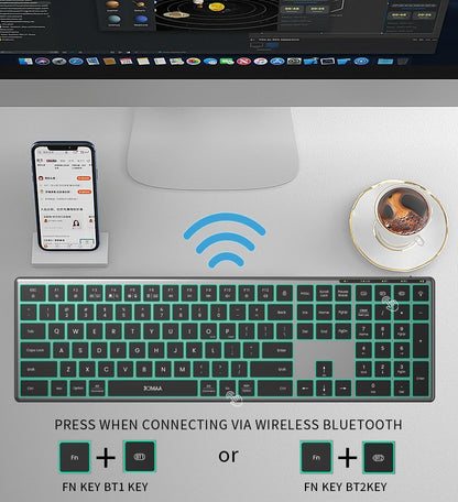 Teclado Bluetooth Retroiluminado Multidispositivo Tamanho Normal Teclado Sem Fio com Teclado Numérico, Teclado Multimídia Fino Recarregável