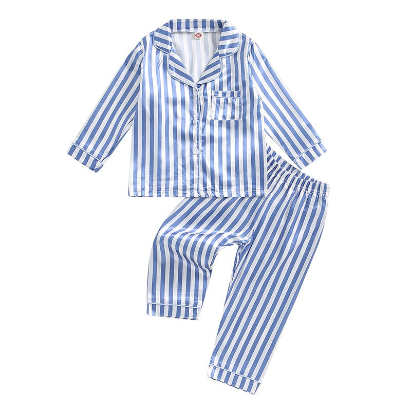 Kid Girls Boys Fall Pajamas Set Stripe Print Long Sleeve Shirts Tops Long Pants Satin 2 Pieces Lounge Suit Sleepwear