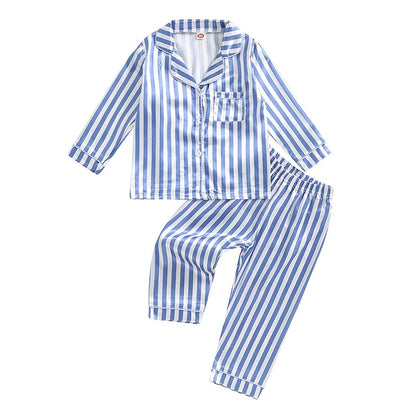 Kid Girls Boys Fall Pajamas Set Stripe Print Long Sleeve Shirts Tops Long Pants Satin 2 Pieces Lounge Suit Sleepwear
