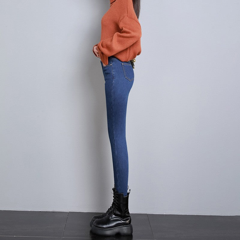 New Women Thermal Jeans Winter Snow Warm Plush Stretch Jeans Lady Skinny Thicken Students Denim Pants Fleece Mom Fur Trousers