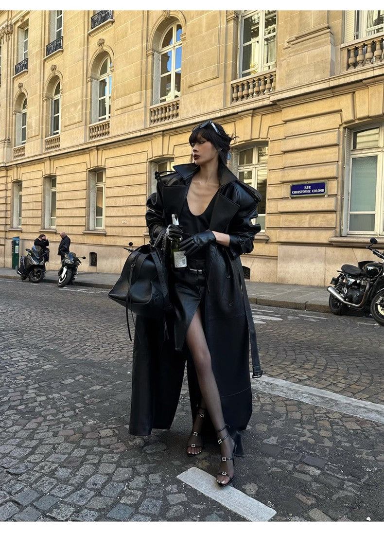 Lautaro Spring Autumn Extra Long Black Pu Leather Trench Coat for Women with Back High Slit Luxury Chic European Fashion 2024