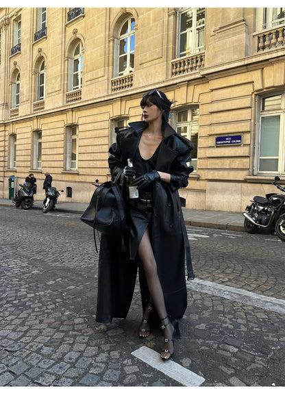 Lautaro Spring Autumn Extra Long Black Pu Leather Trench Coat for Women with Back High Slit Luxury Chic European Fashion 2024