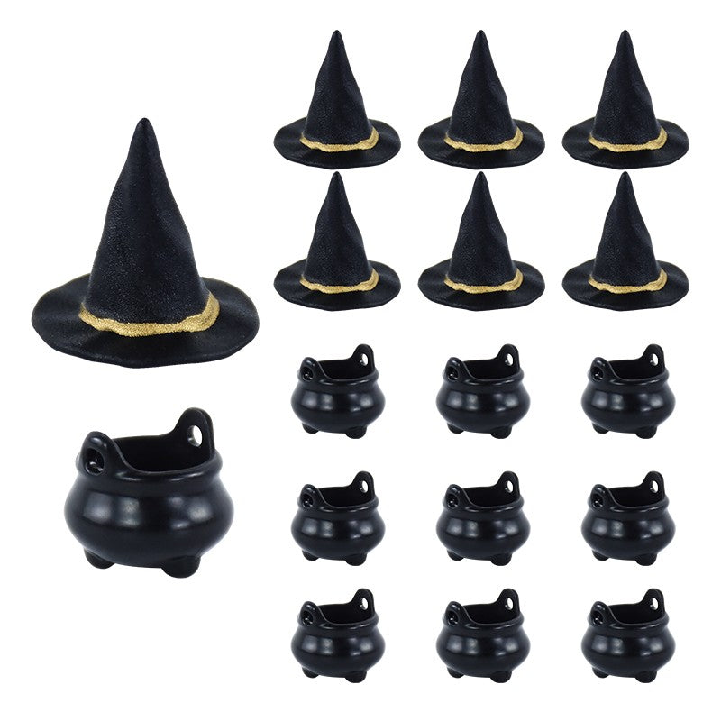 10pcs Halloween Witch Hat Decorations Miniature Hats Cauldron Pots Kettle Ornament Halloween Party Home Decoration DIY Crafts