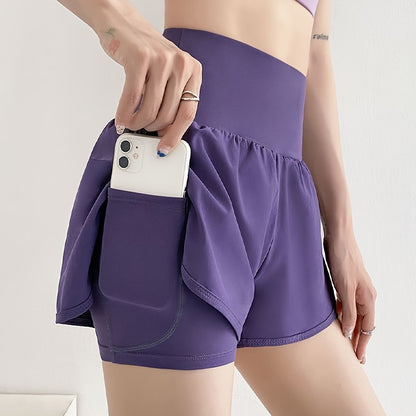 Women's High Waisted Sports Short Yoga Tennis Running Pilates Bottom with Pockets Tight Fitting Fake Two Pieces Sports Pants