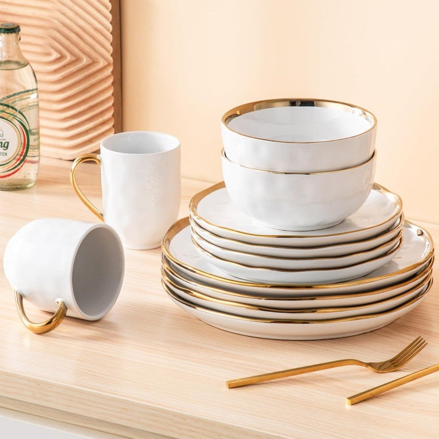 16 Pieces Plates and Bowls Sets Porcelain White and Gold Dinnerware Sets Round Dinner Plates Dishes Set Service for 4 Dishwashe